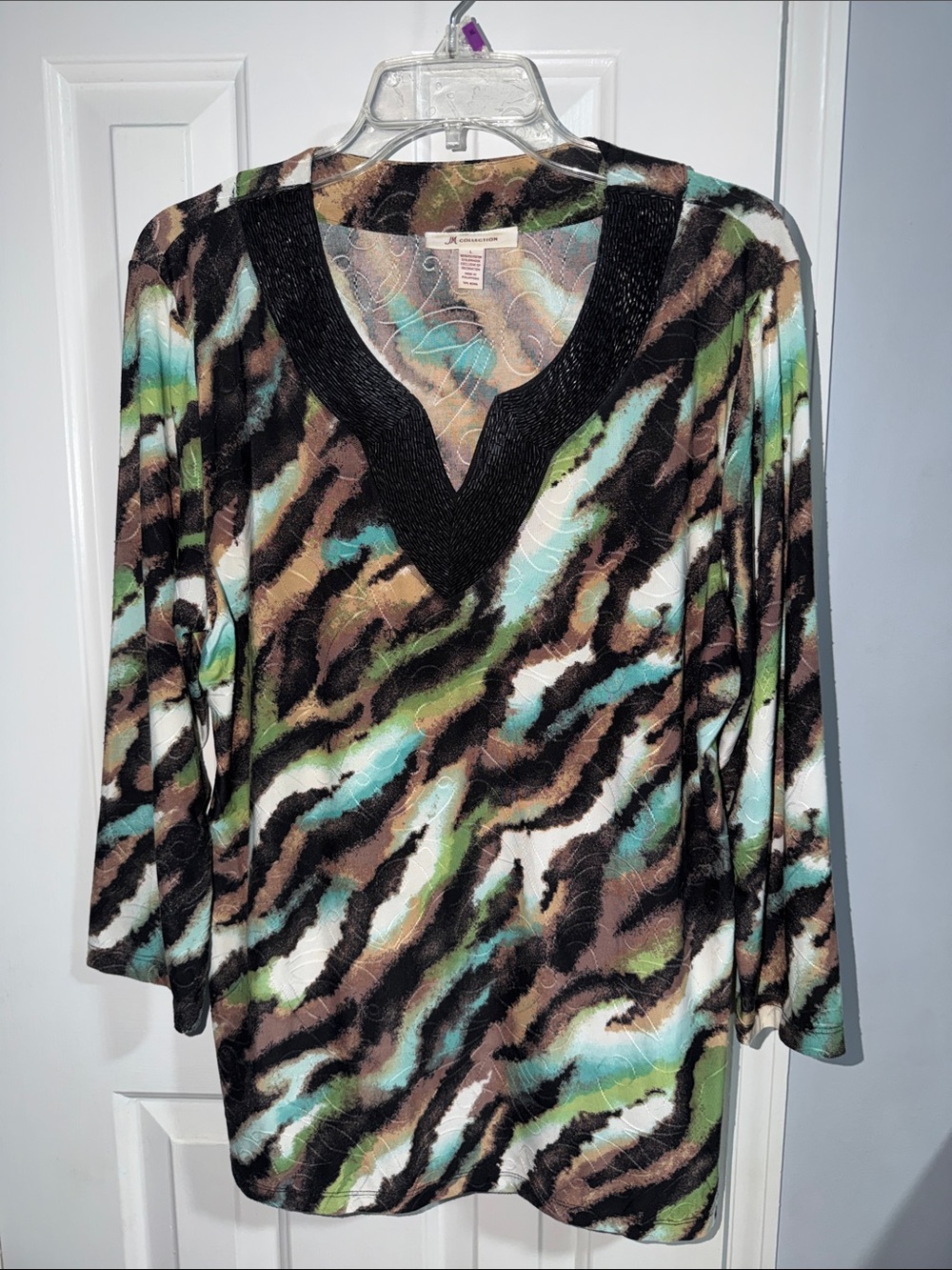 JM Collection Black Multi V-Neck Long Sleeve Top